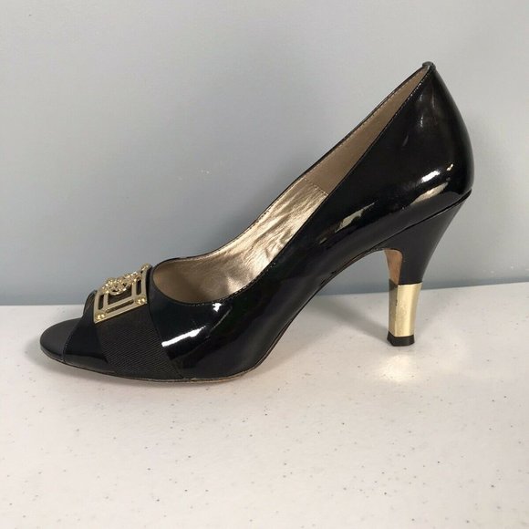 ISOLA Women's Peep Toe Black Patent Leather 3.5" Heels Size 10 Black Gold Trim - Picture 7 of 12